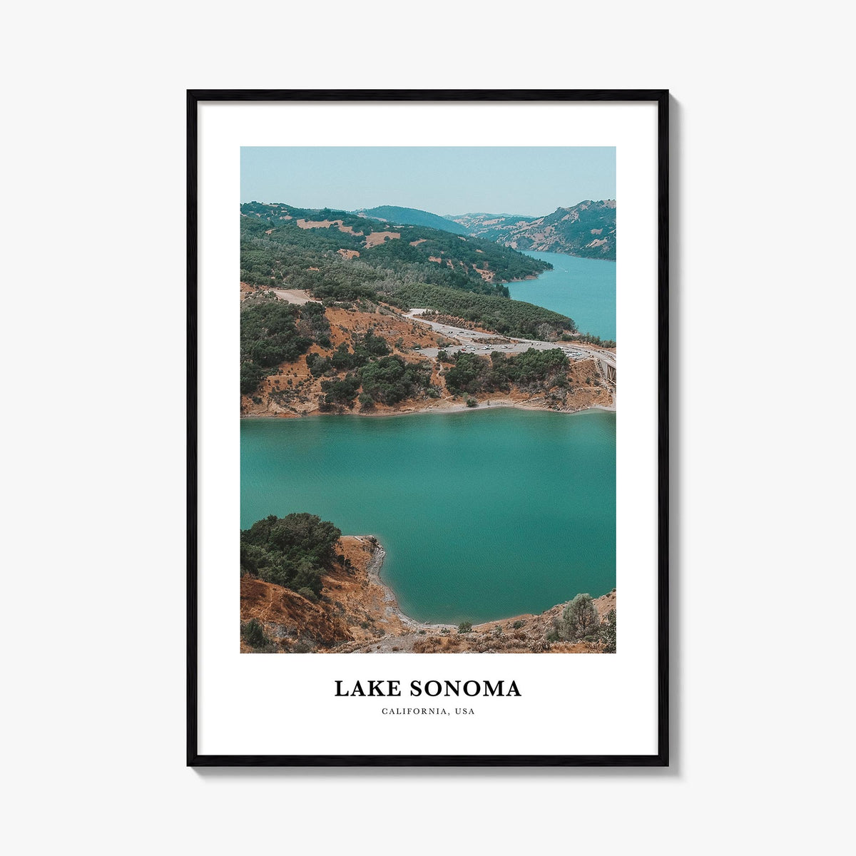Lake Sonoma colorful classic poster of California, USA – vertical wall art, unframed print shown in interior mockup