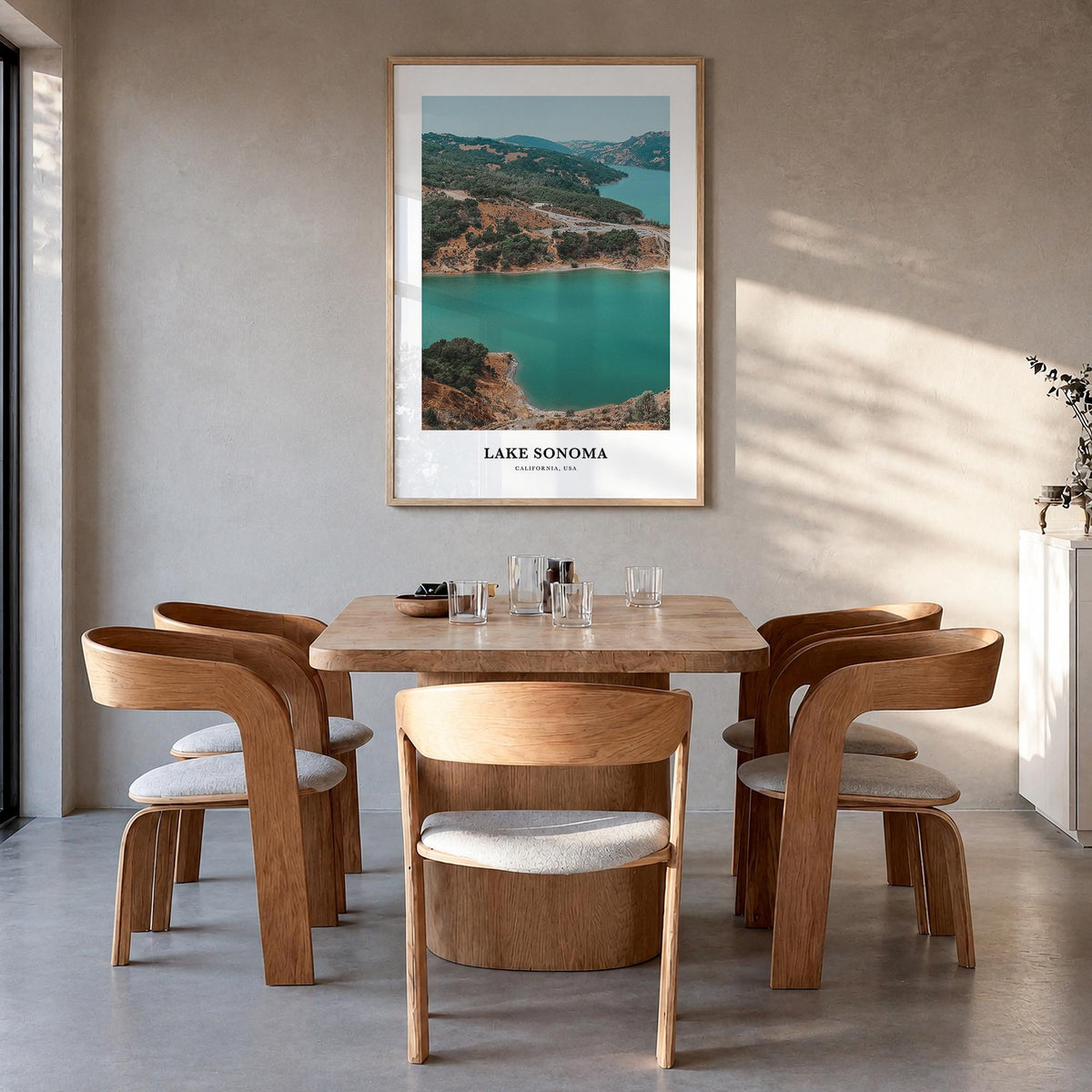 Lake Sonoma colorful classic poster of California, USA – vertical wall art in natural wood frame, hanging on wall