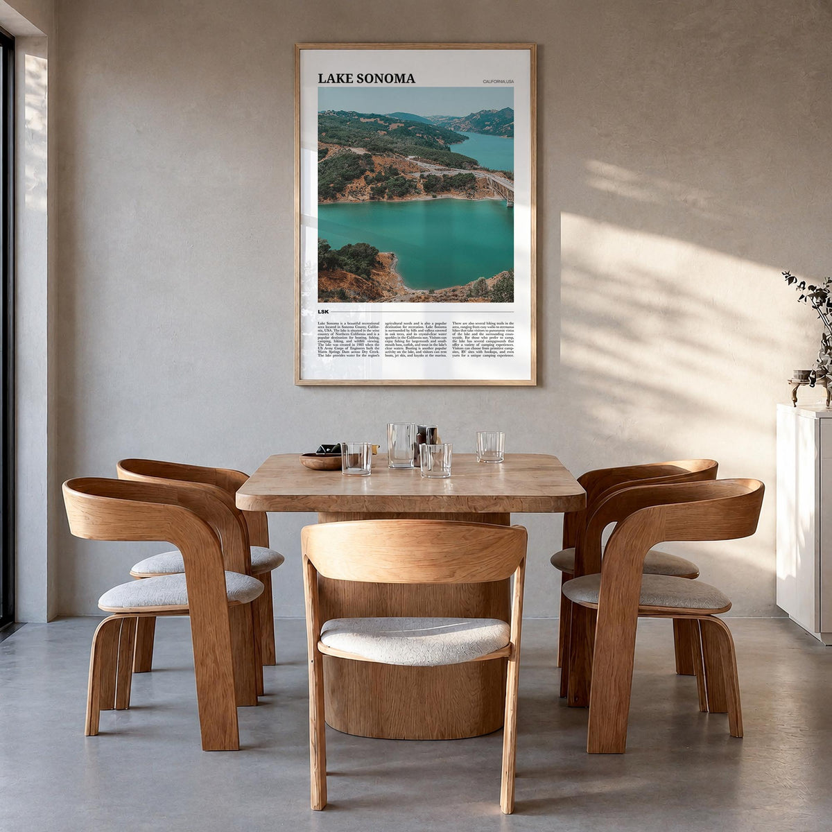 Lake Sonoma colorful travel poster of California, USA – vertical wall art in natural wood frame, hanging on wall