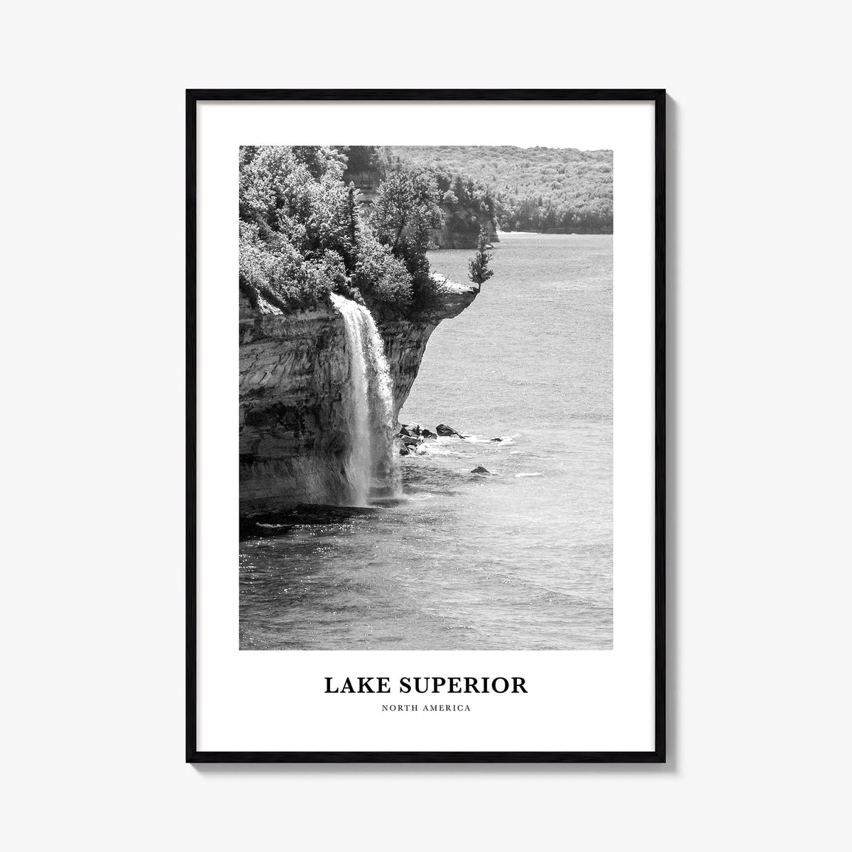 Lake Superior black & white classic poster of United States & Canada – vertical wall art, unframed print shown in interior mo