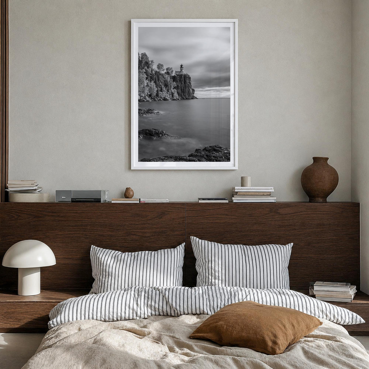 Lake Superior black & white photo poster of United States & Canada – vertical wall art in white wood frame with white border,