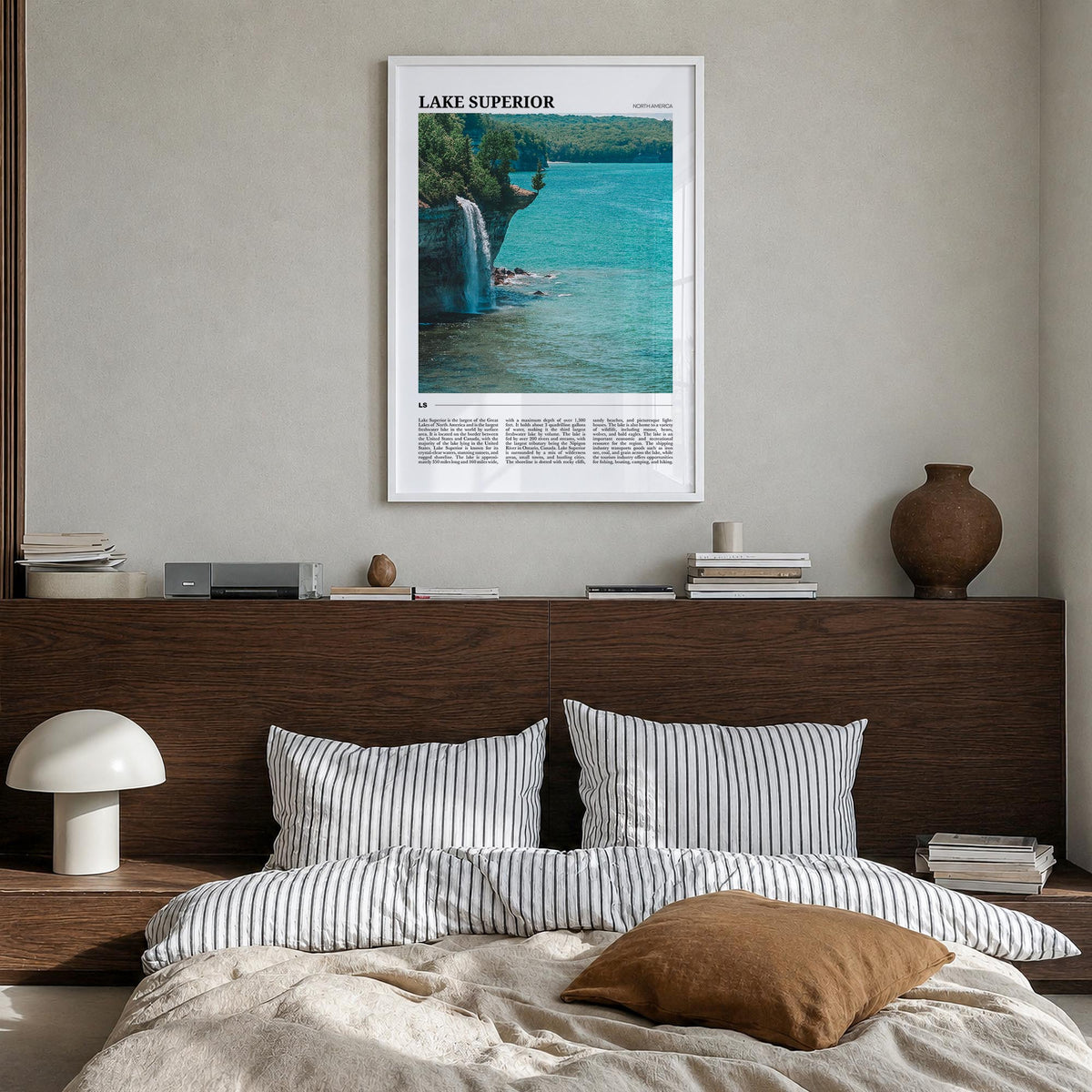 Lake Superior colorful travel poster of United States & Canada – vertical wall art in white wood frame, hanging on wall