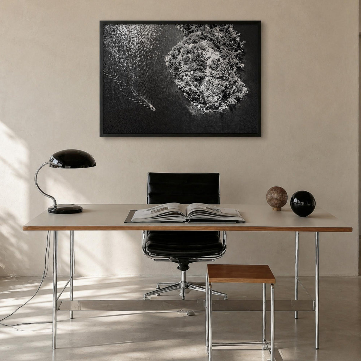 Lake Tahoe black & white photo poster of California & Nevada, USA – horizontal wall art in black wood frame, hanging on wall