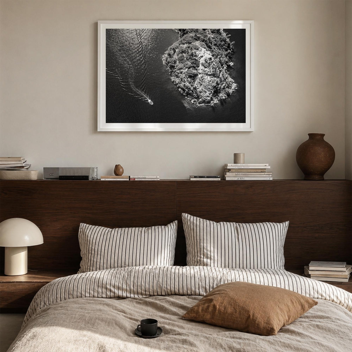 Lake Tahoe black & white photo poster of California & Nevada, USA – horizontal wall art in white wood frame with white border