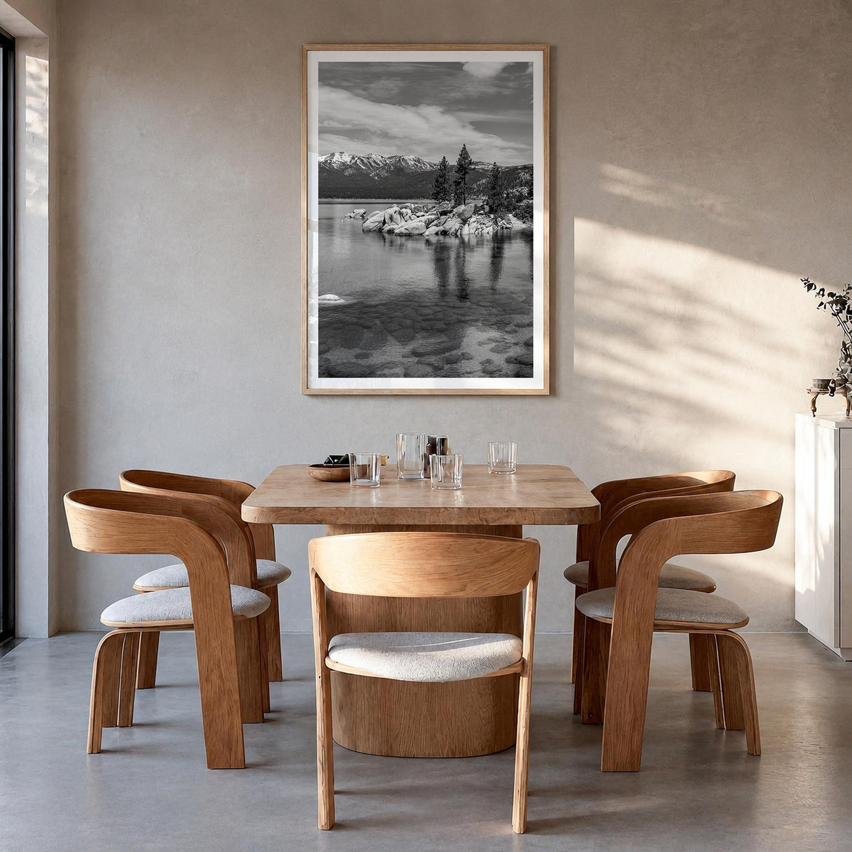 Lake Tahoe no. 1 black & white photo poster of California & Nevada, USA – vertical wall art in natural wood frame with white
