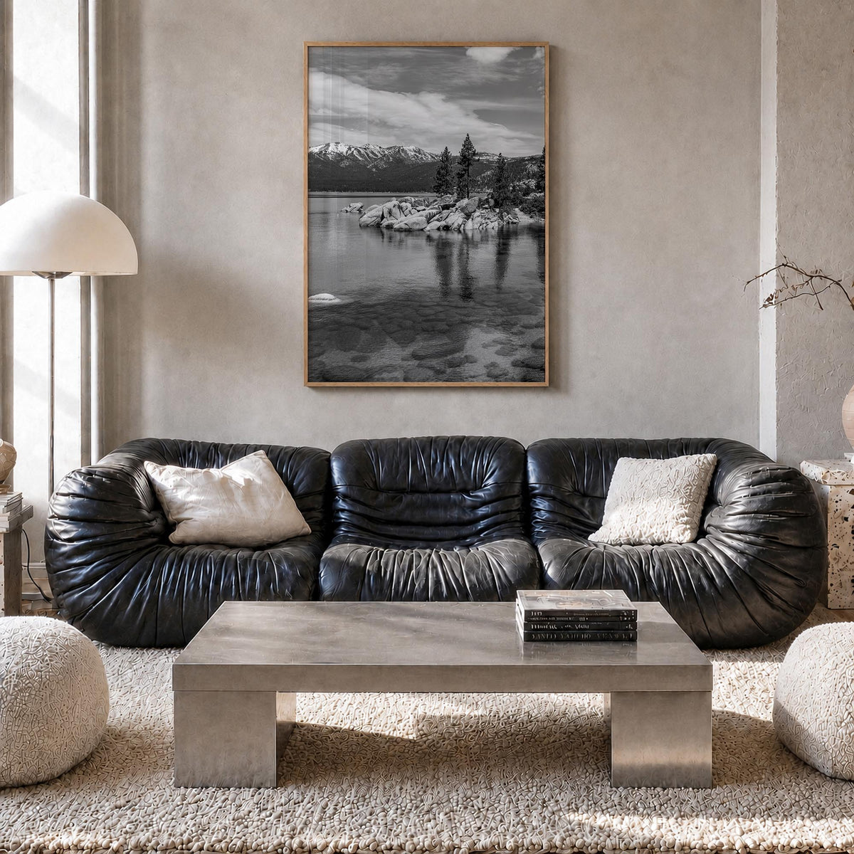 Lake Tahoe no. 1 black & white photo poster of California & Nevada, USA – vertical wall art in natural wood frame, hanging on