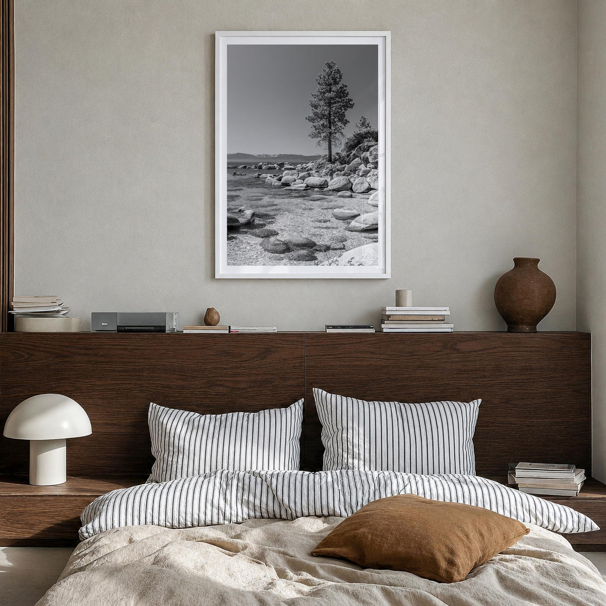 Lake Tahoe no. 2 black & white photo poster of California & Nevada, USA – vertical wall art in white wood frame with white bo