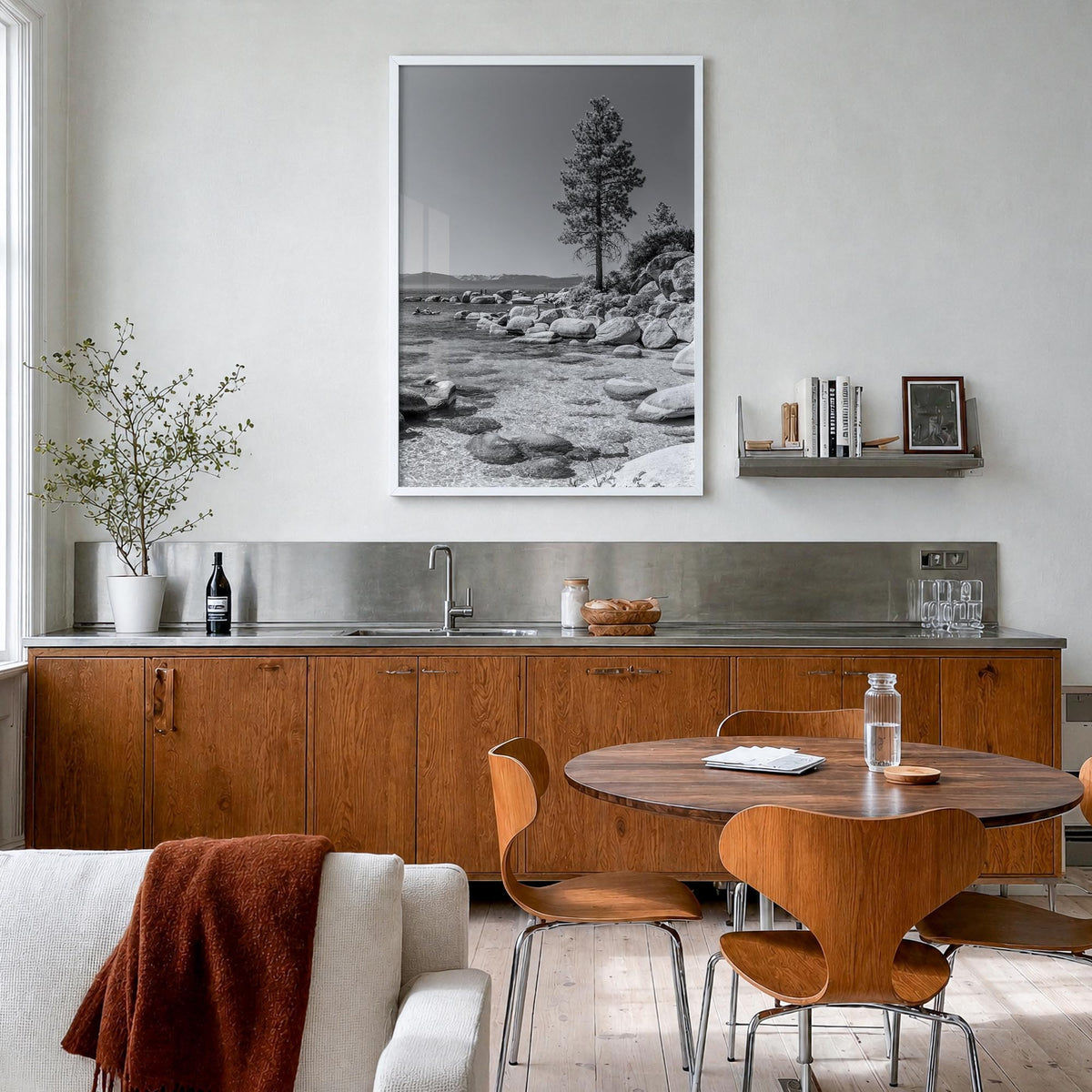 Lake Tahoe no. 2 black & white photo poster of California & Nevada, USA – vertical wall art in white wood frame, hanging on w