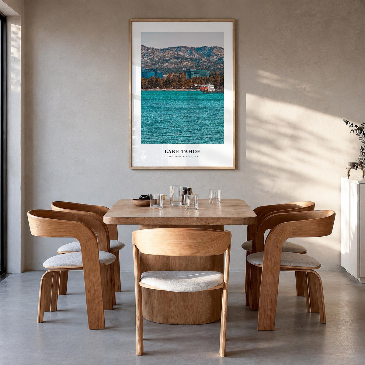 Lake Tahoe no. 2 colorful classic poster of California & Nevada, USA – vertical wall art in natural wood frame, hanging on wa