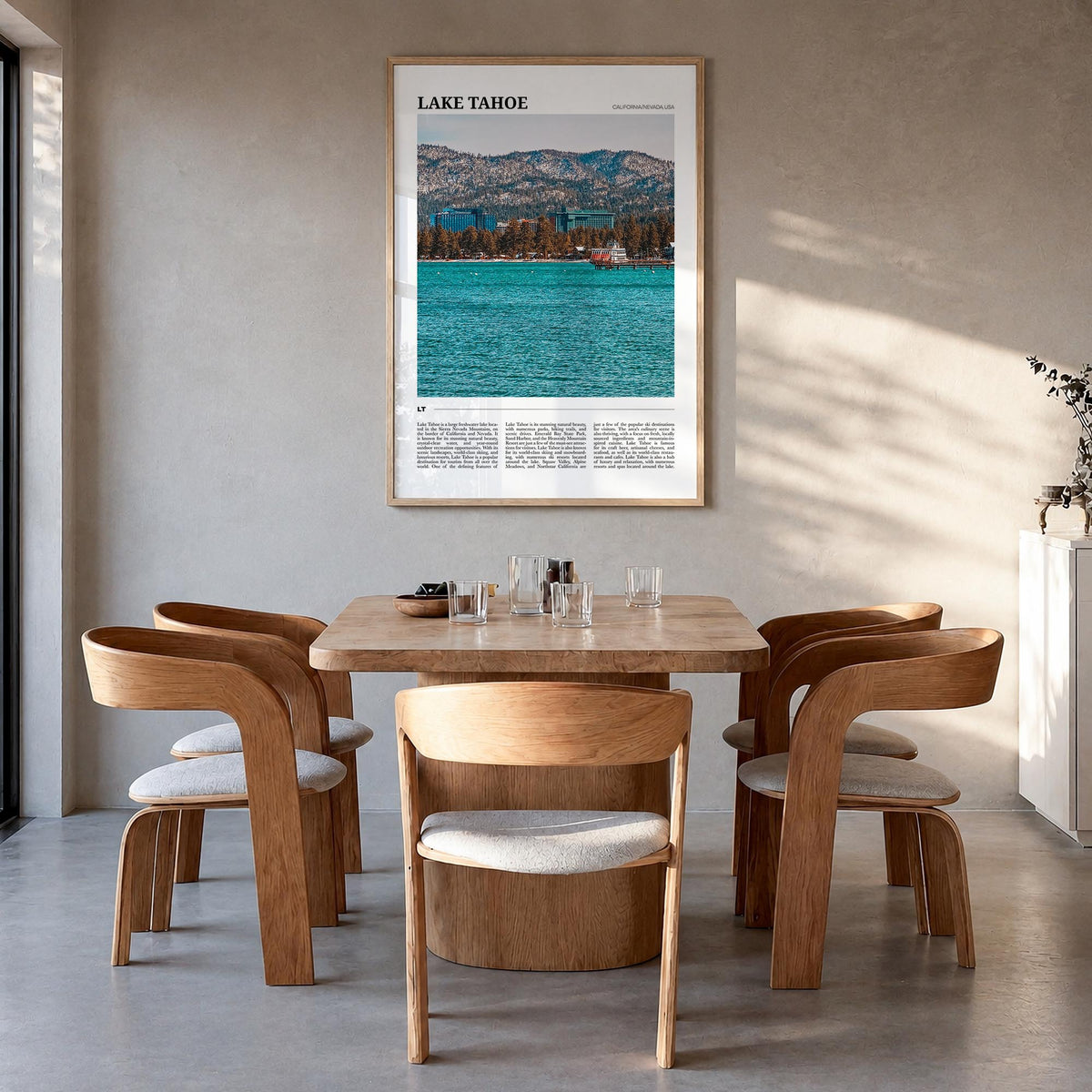 Lake Tahoe no. 2 colorful travel poster of California & Nevada, USA – vertical wall art in natural wood frame, hanging on wal