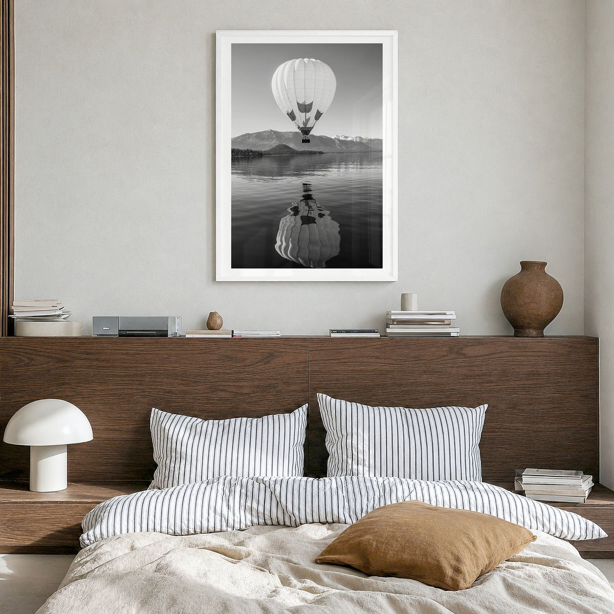 Lake Tahoe Photo No 3 Poster in a white wood frame, hanging in a bedroom, white border