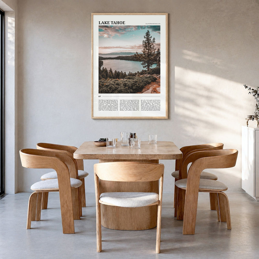 Lake Tahoe Travel No 1 Poster in a natural wood frame, hanging in a dining room
