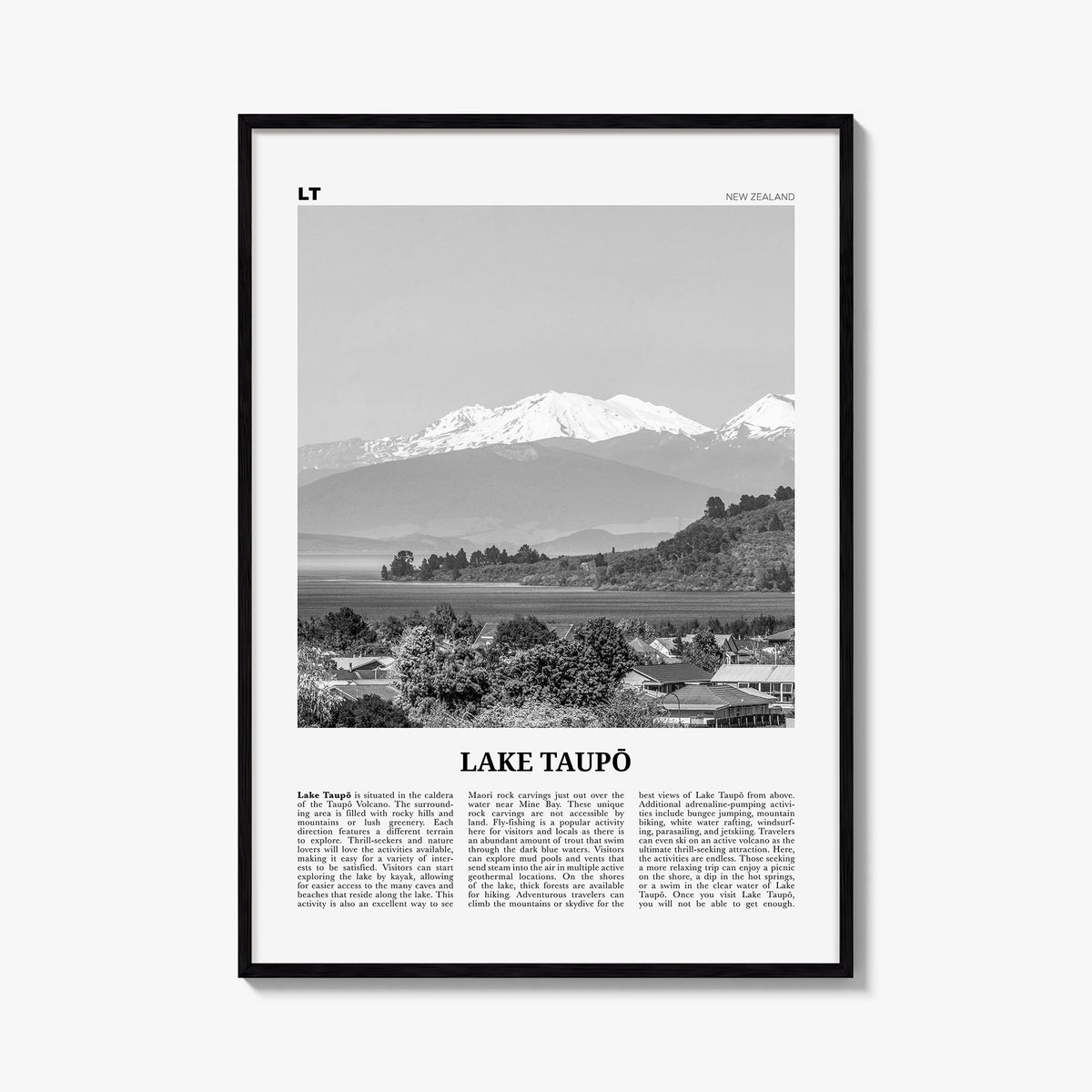 Lake Taupō black & white newspaper poster of New Zealand – vertical wall art, unframed print shown in interior mockup