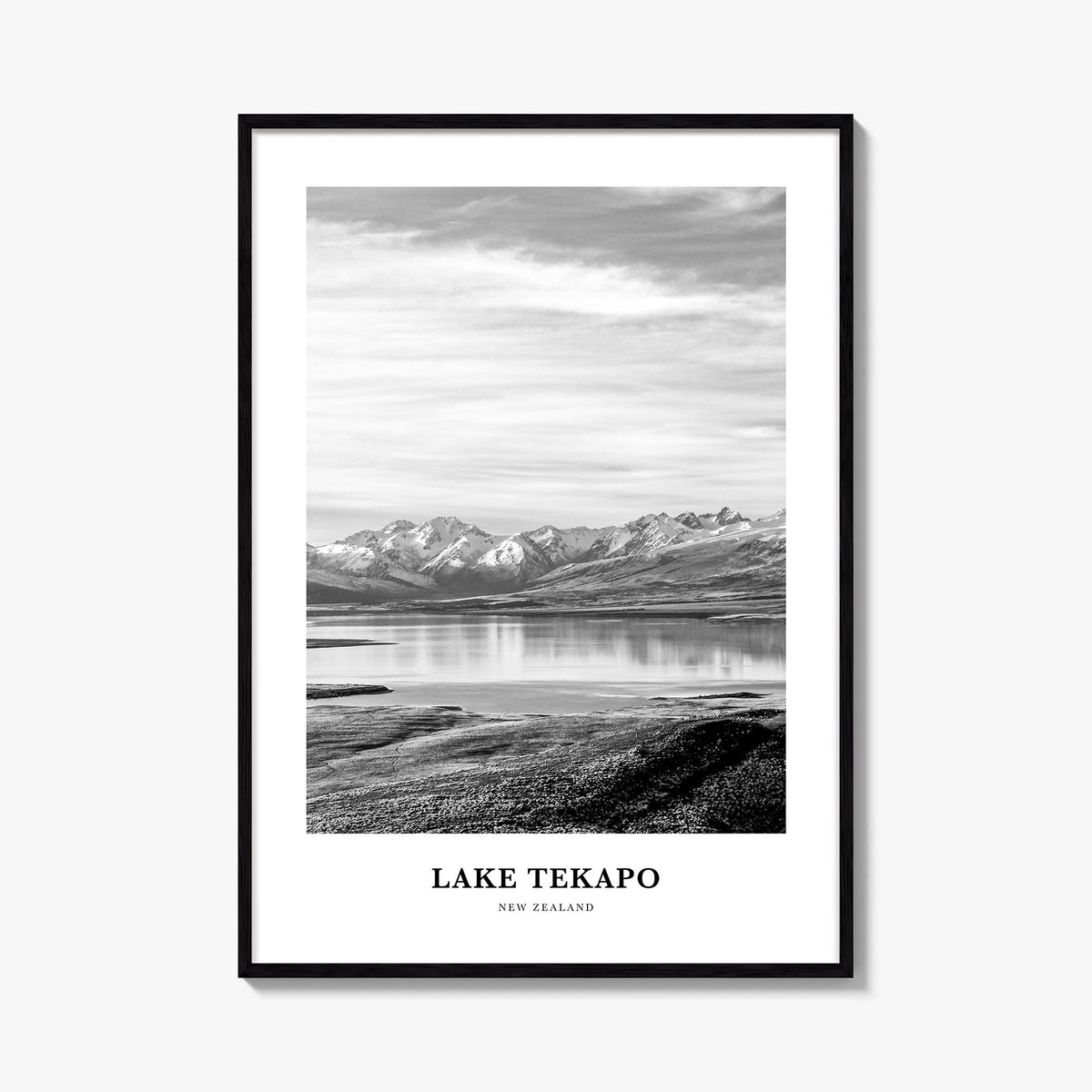 Lake Tekapo black & white classic poster of New Zealand – vertical wall art, unframed print shown in interior mockup
