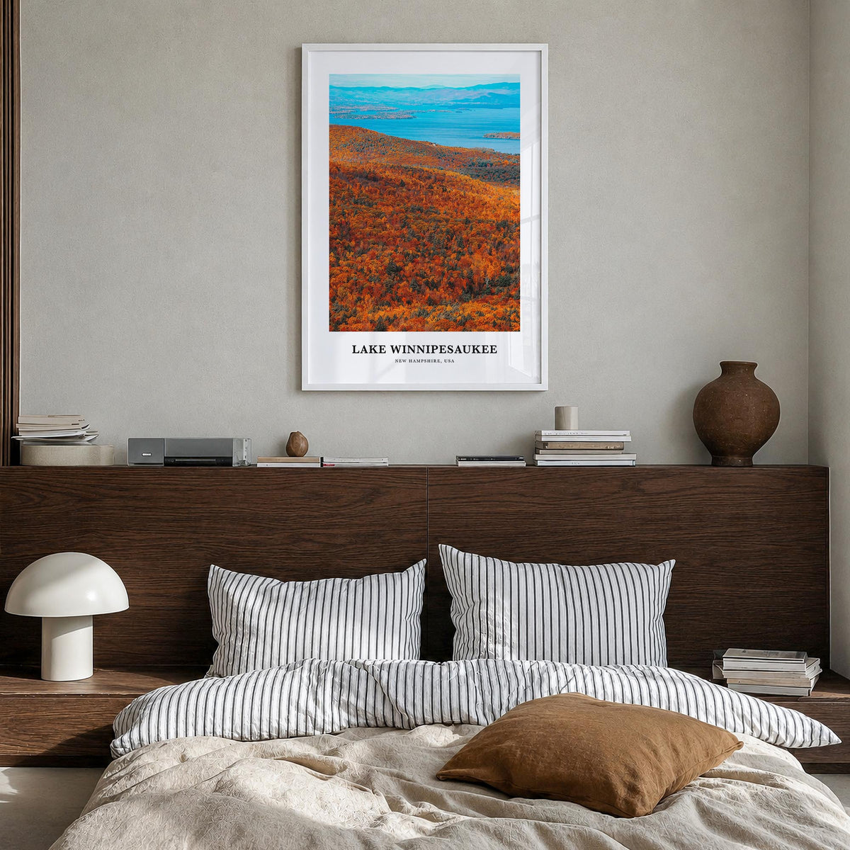 Lake Winnipesaukee colorful classic poster of New Hampshire, USA – vertical wall art in white wood frame, hanging on wall