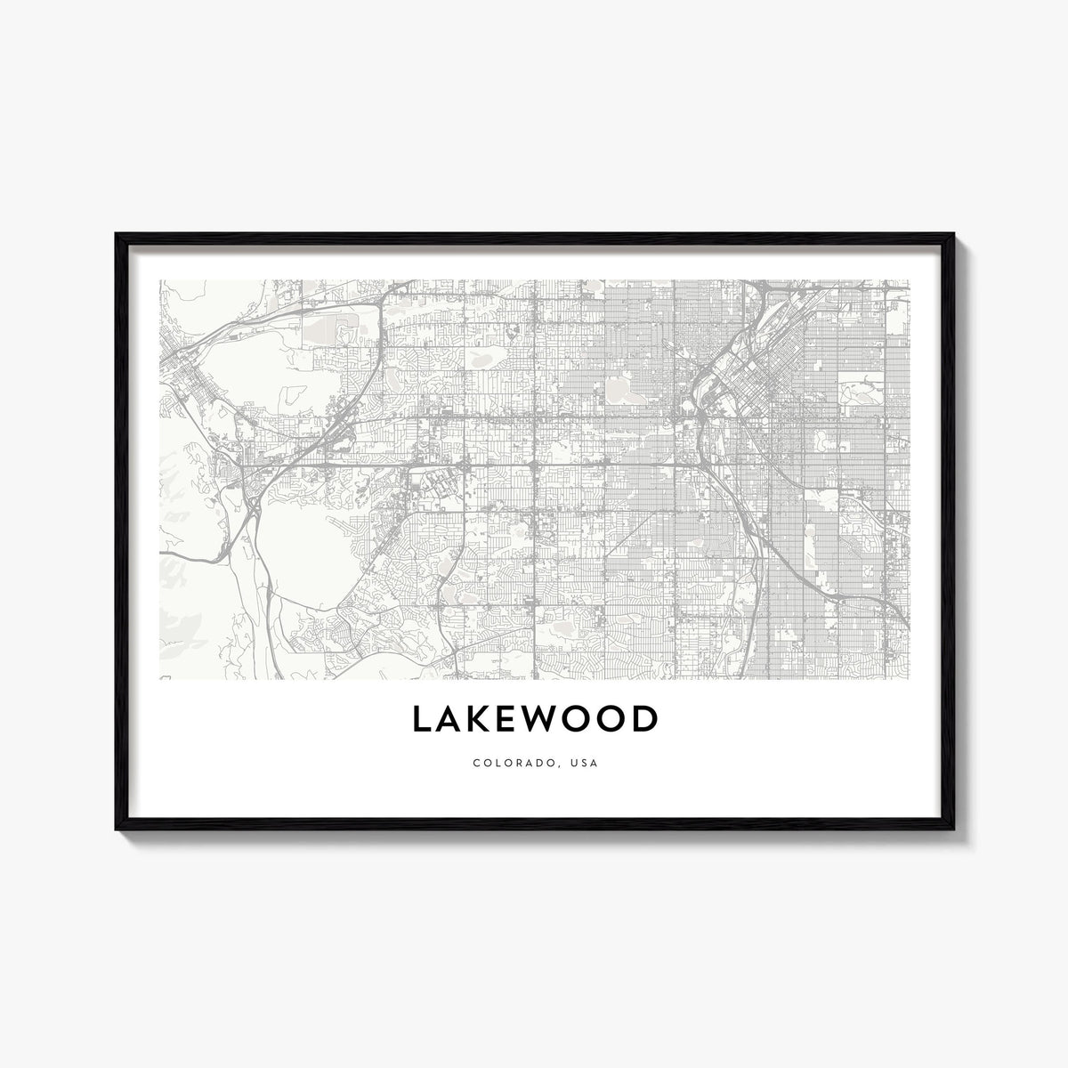 Lakewood black & white map poster of Colorado, USA – horizontal wall art, unframed print shown in interior mockup