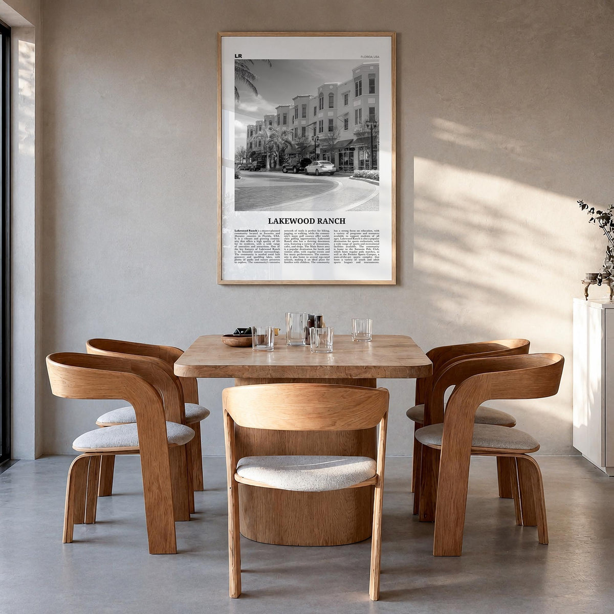 Lakewood Ranch black & white newspaper poster of Florida, USA – vertical wall art in natural wood frame, hanging on wall