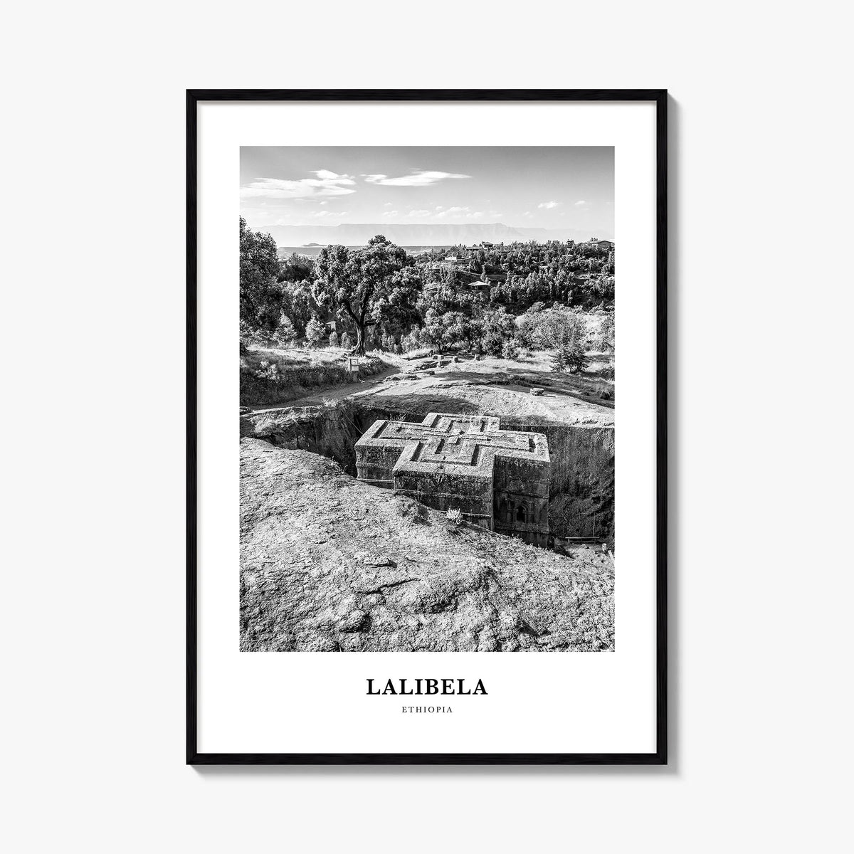 Lalibela black & white classic poster of Ethiopia – vertical wall art, unframed print shown in interior mockup