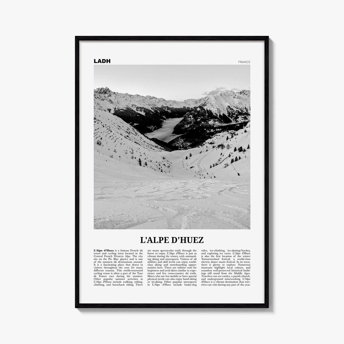 L'Alpe d'Huez black & white newspaper poster of France – vertical wall art, unframed print shown in interior mockup