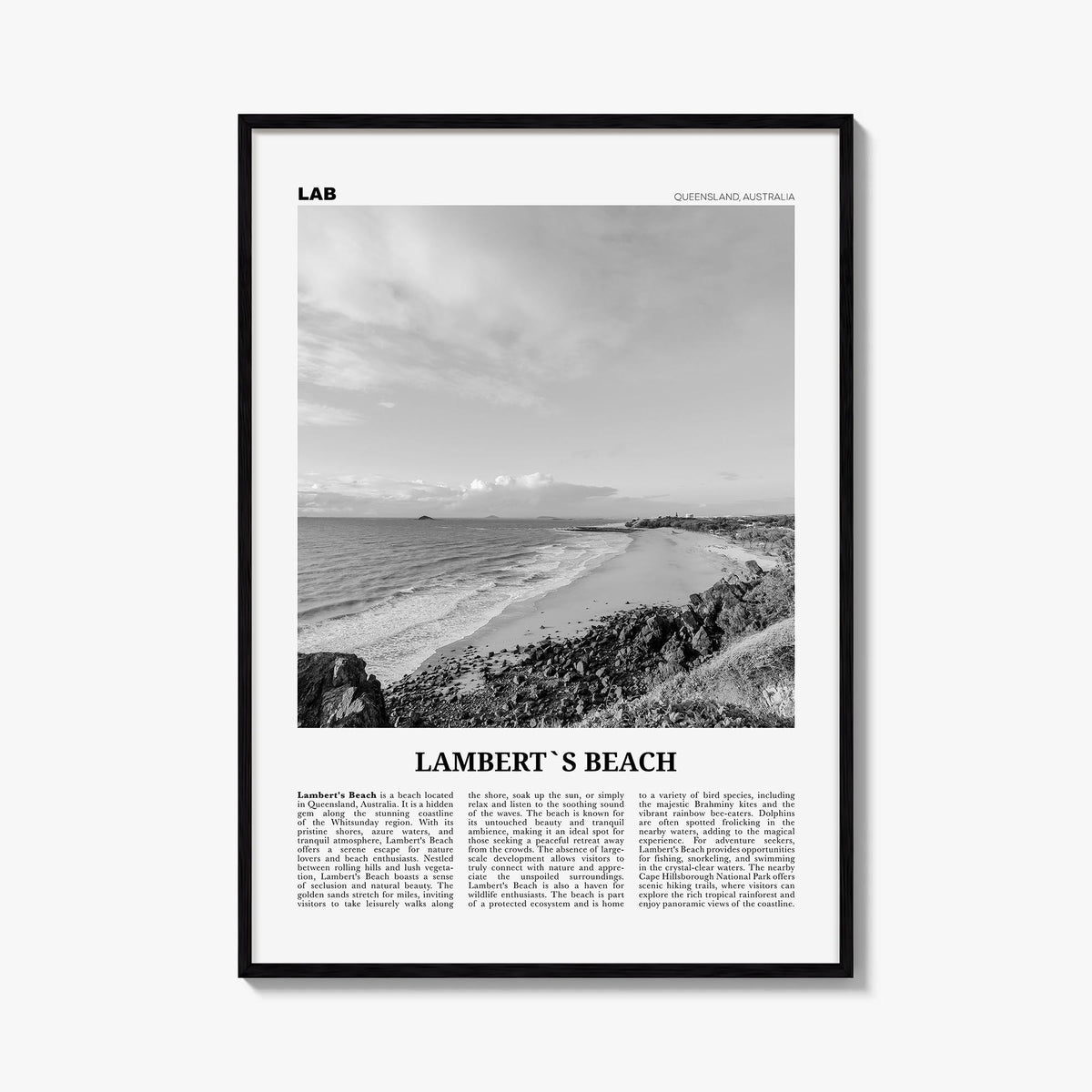 Lamberts Beach black & white newspaper poster of Australia – vertical wall art, unframed print shown in interior mockup