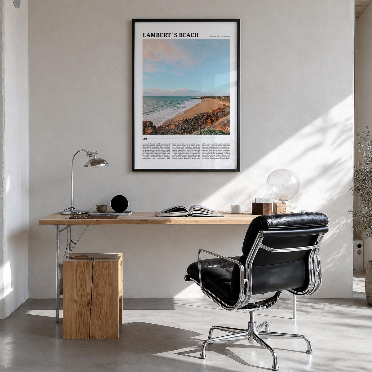 Lamberts Beach colorful travel poster of Australia – vertical wall art in black wood frame, hanging on wall