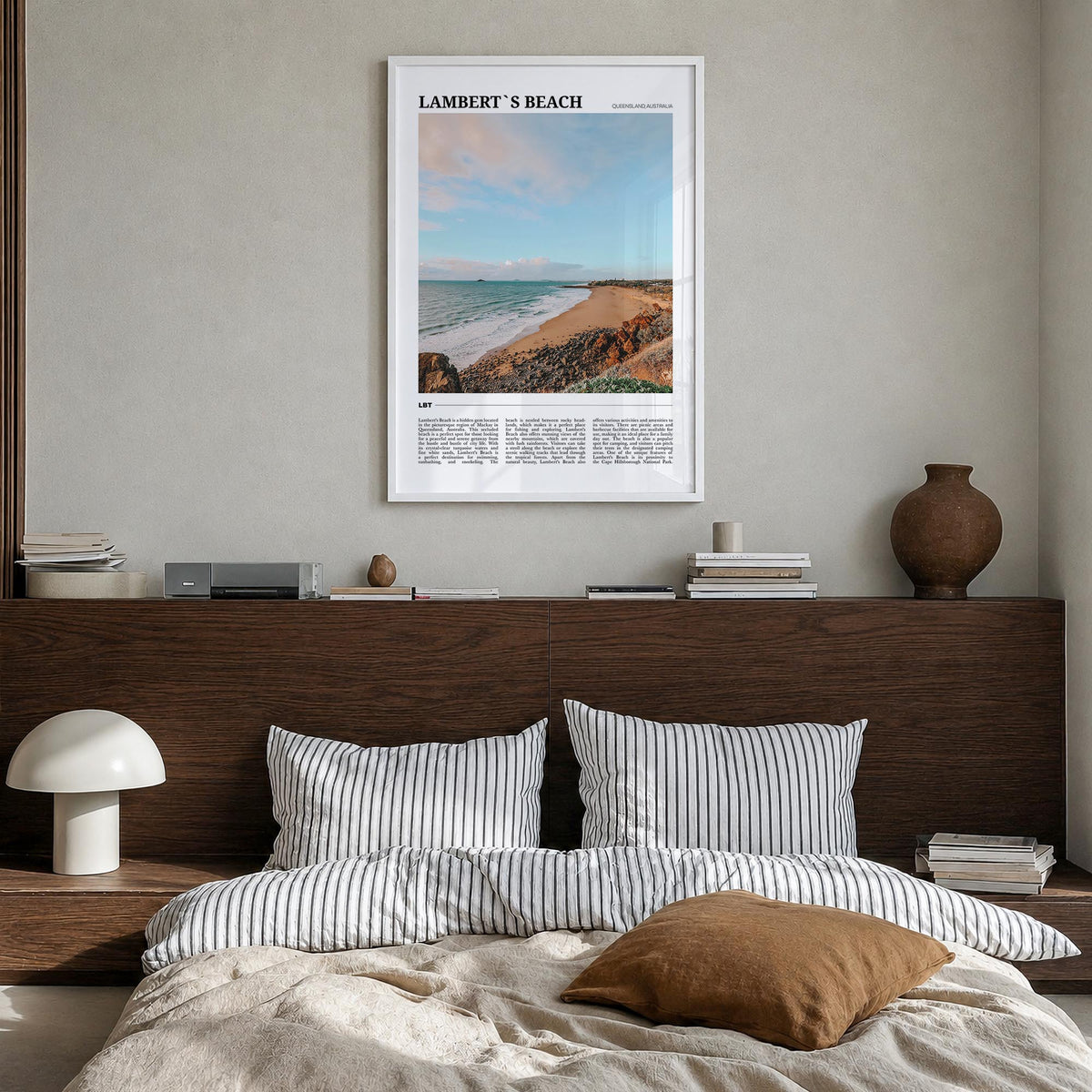Lamberts Beach colorful travel poster of Australia – vertical wall art in white wood frame, hanging on wall
