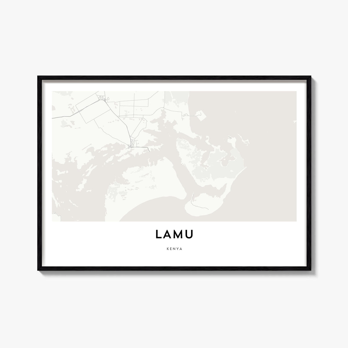Lamu black & white map poster of Kenya – horizontal wall art, unframed print shown in interior mockup
