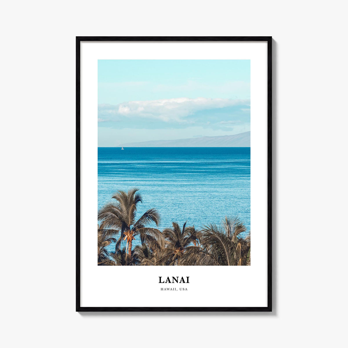 Lanai colorful classic poster of Hawaii, USA – vertical wall art, unframed print shown in interior mockup