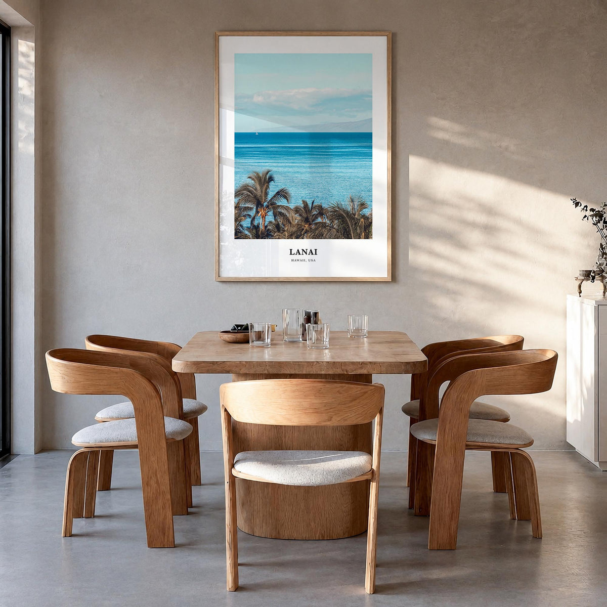 Lanai colorful classic poster of Hawaii, USA – vertical wall art in natural wood frame, hanging on wall