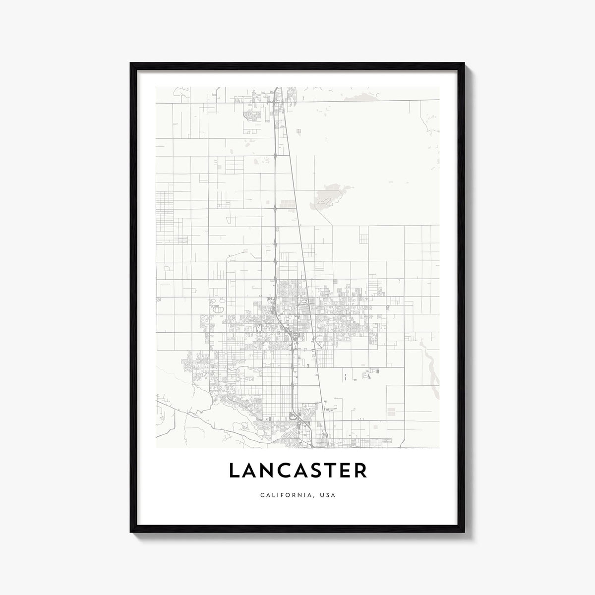 Lancaster, California black & white map poster of California, USA – vertical wall art, unframed print shown in interior mocku