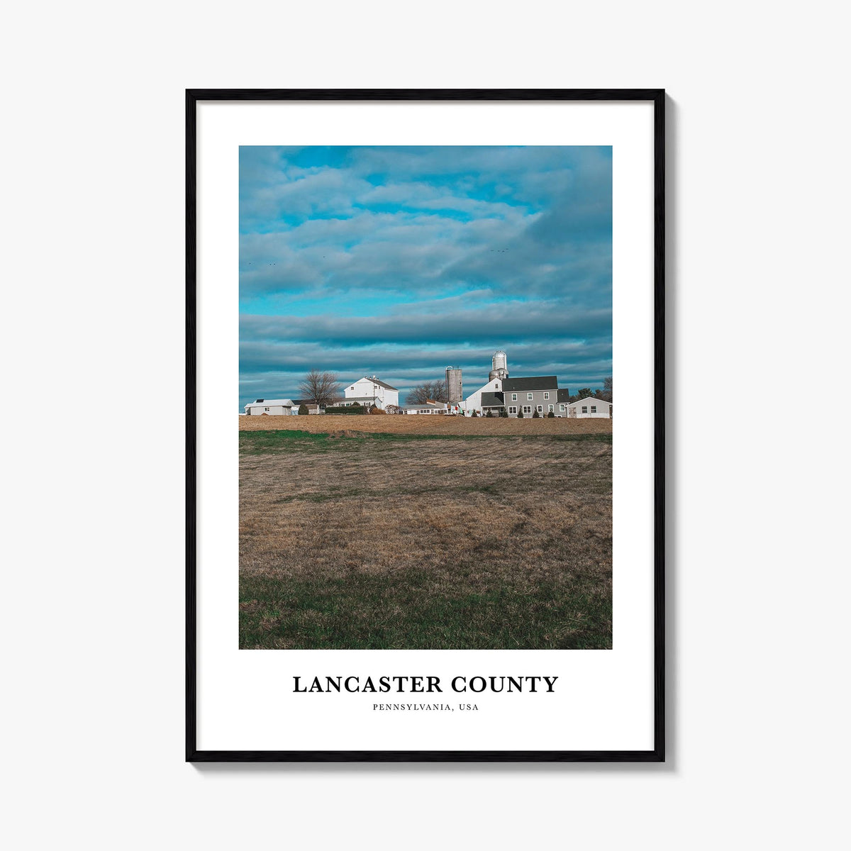 Lancaster County colorful classic poster of Pennsylvania, USA – vertical wall art, unframed print shown in interior mockup