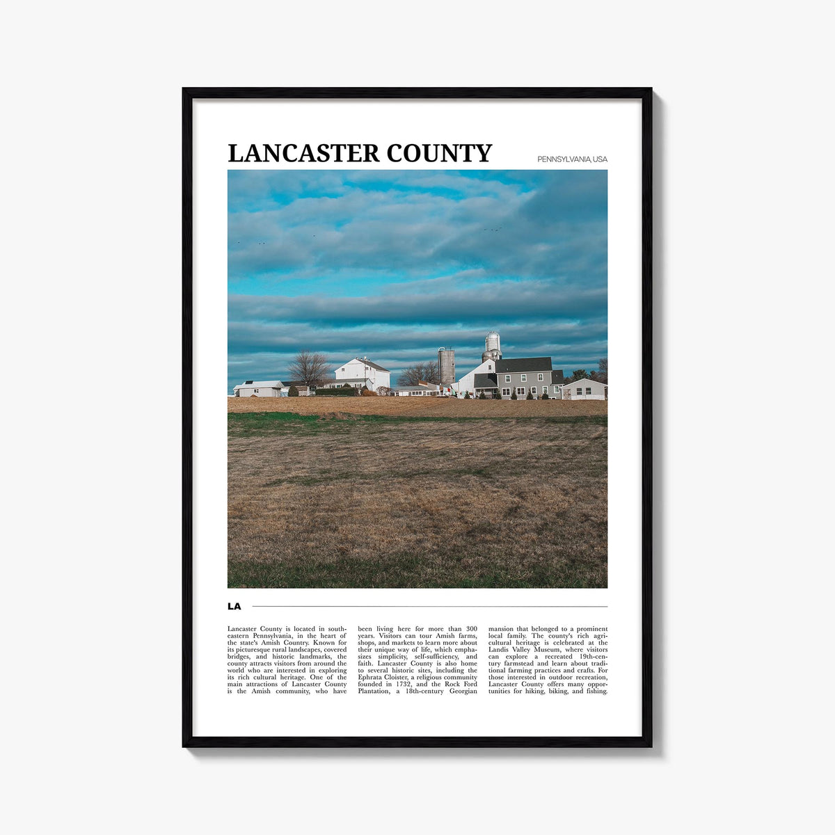 Lancaster County colorful travel poster of Pennsylvania, USA – vertical wall art, unframed print shown in interior mockup