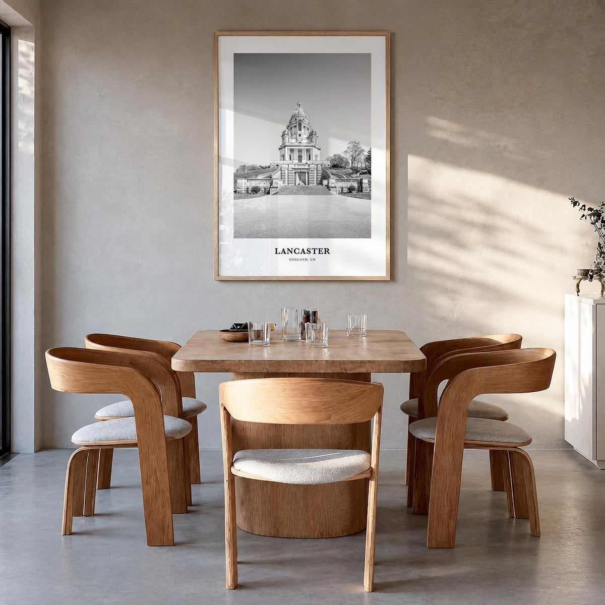 Lancaster, England black & white classic poster of United Kingdom – vertical wall art in natural wood frame, hanging on wall