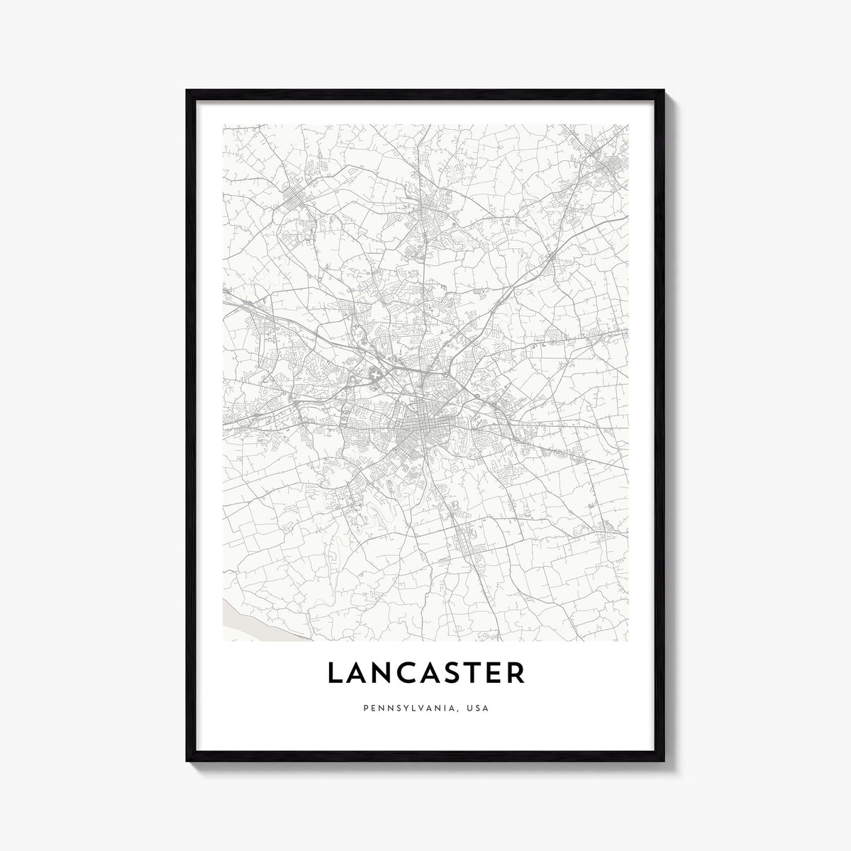 Lancaster, Pennsylvania black & white map poster of Pennsylvania, USA – vertical wall art, unframed print shown in interior m
