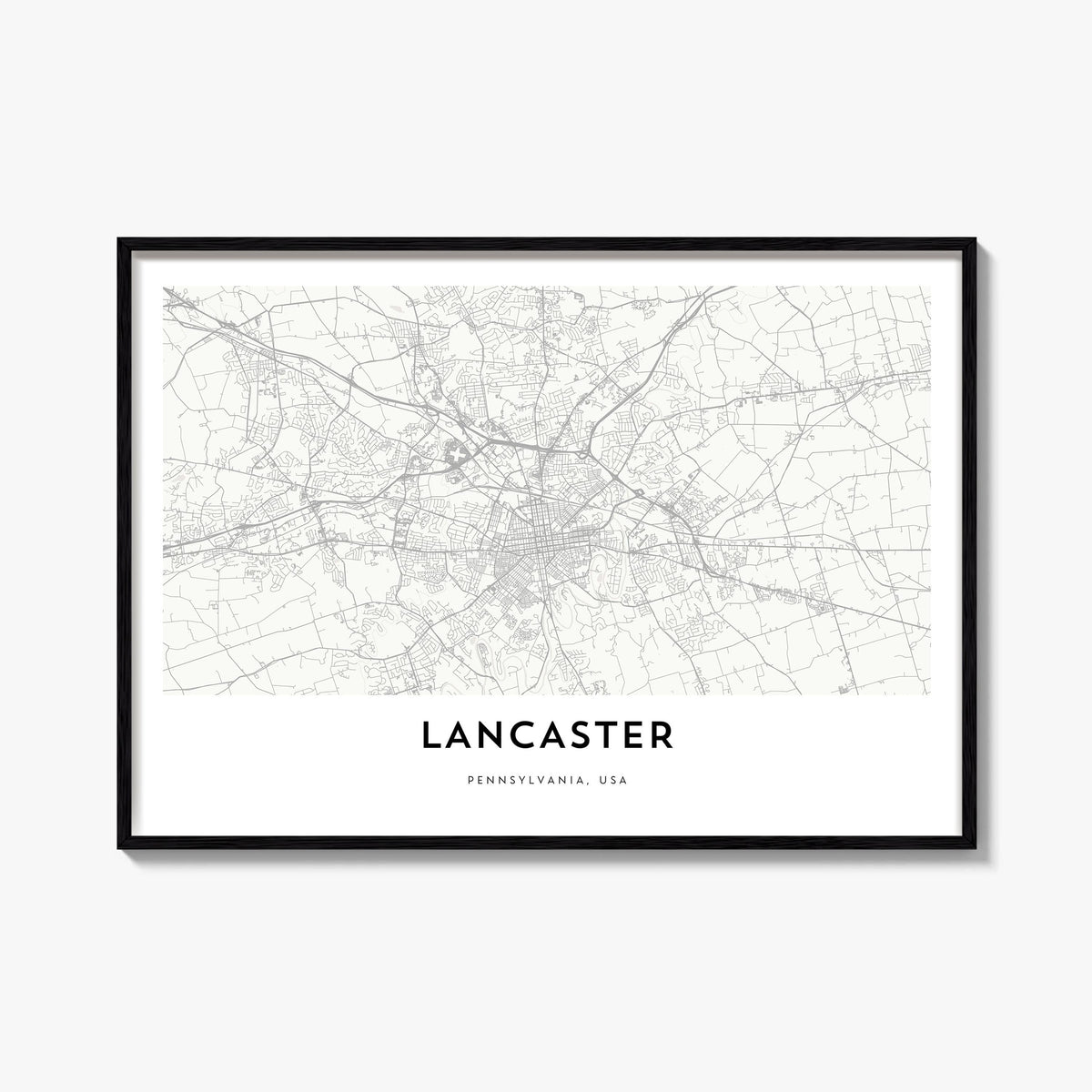Lancaster, Pennsylvania black & white map poster of Pennsylvania, USA – horizontal wall art, unframed print shown in interior