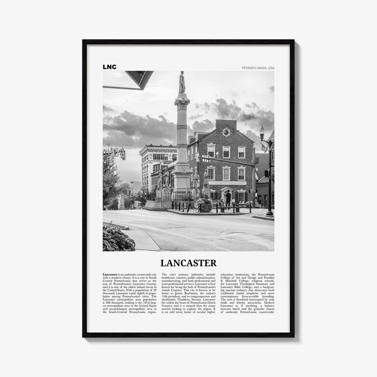 Lancaster, Pennsylvania black & white newspaper poster of Pennsylvania, USA – vertical wall art, unframed print shown in inte
