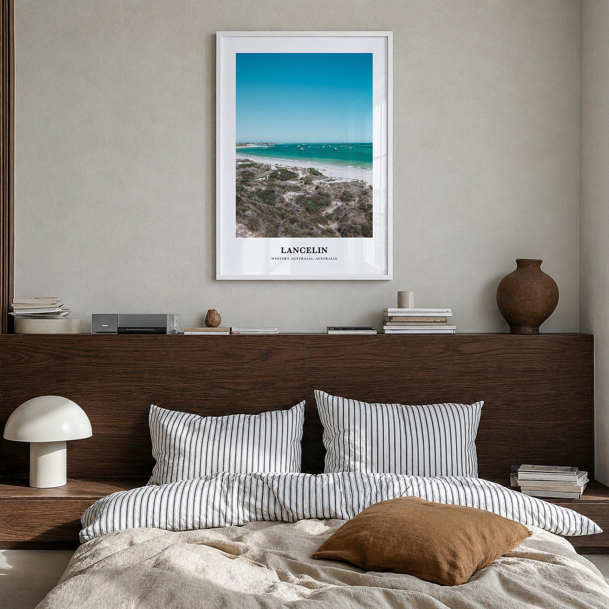 Lancelin colorful classic poster of Australia – vertical wall art in white wood frame, hanging on wall