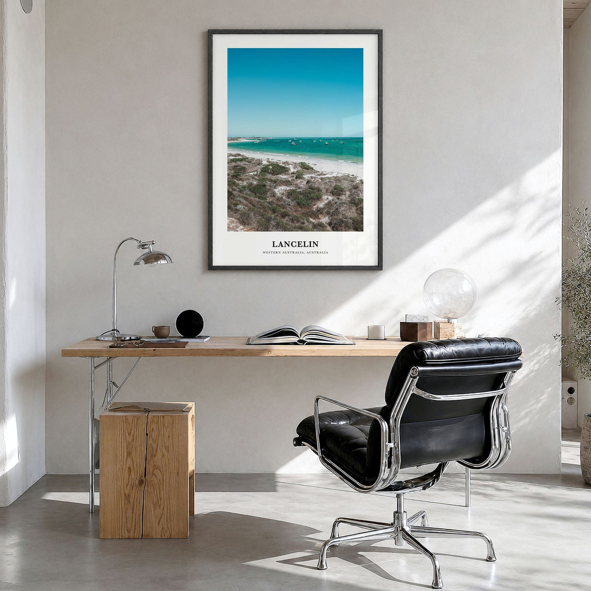 Lancelin Classic Poster in a black wood frame, hanging in a bright home office