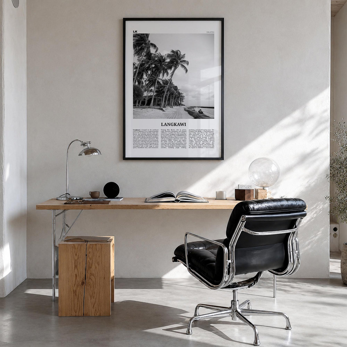 Langkawi black & white newspaper poster of Malaysia – vertical wall art in black wood frame, hanging on wall