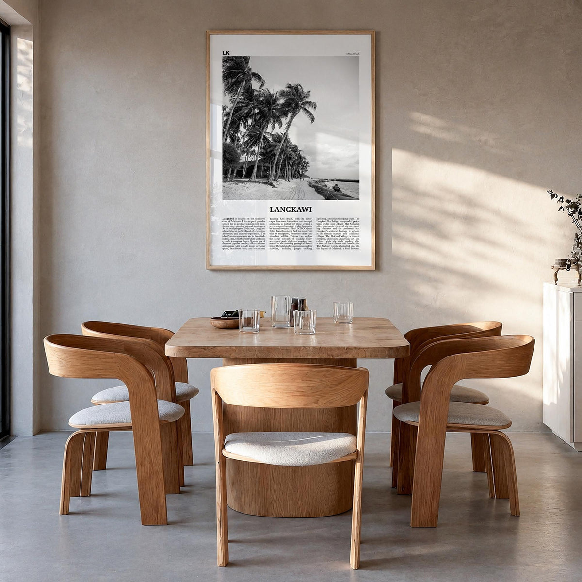 Langkawi black & white newspaper poster of Malaysia – vertical wall art in natural wood frame, hanging on wall