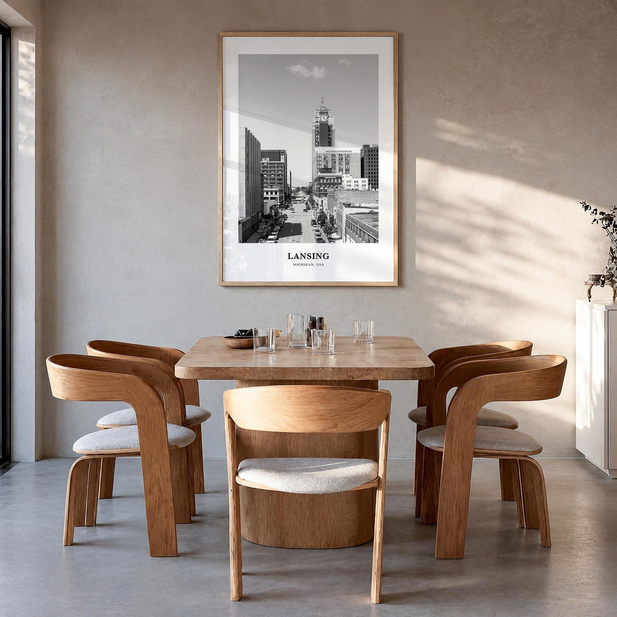 Lansing black & white classic poster of Michigan, USA – vertical wall art in natural wood frame, hanging on wall