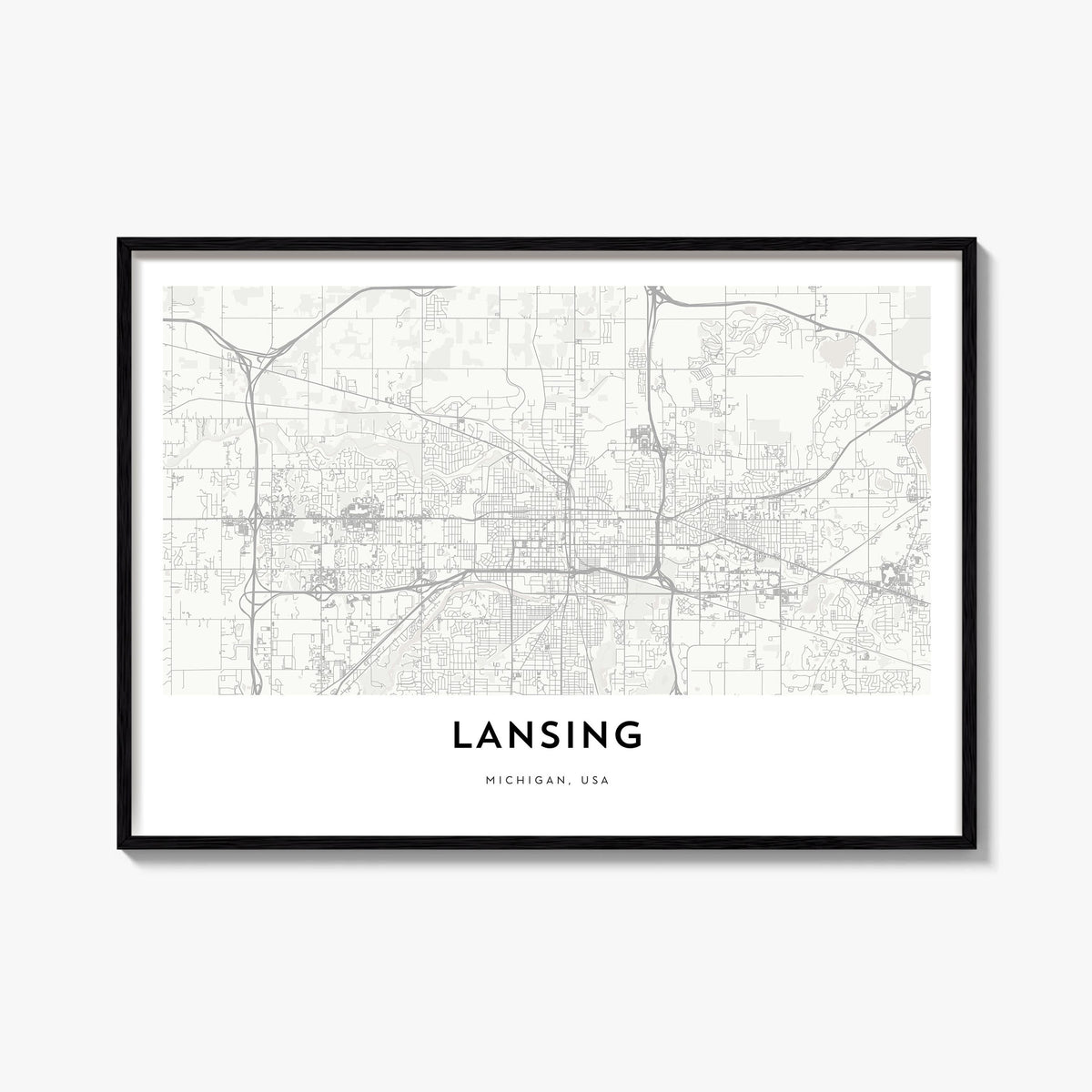 Lansing black & white map poster of Michigan, USA – horizontal wall art, unframed print shown in interior mockup