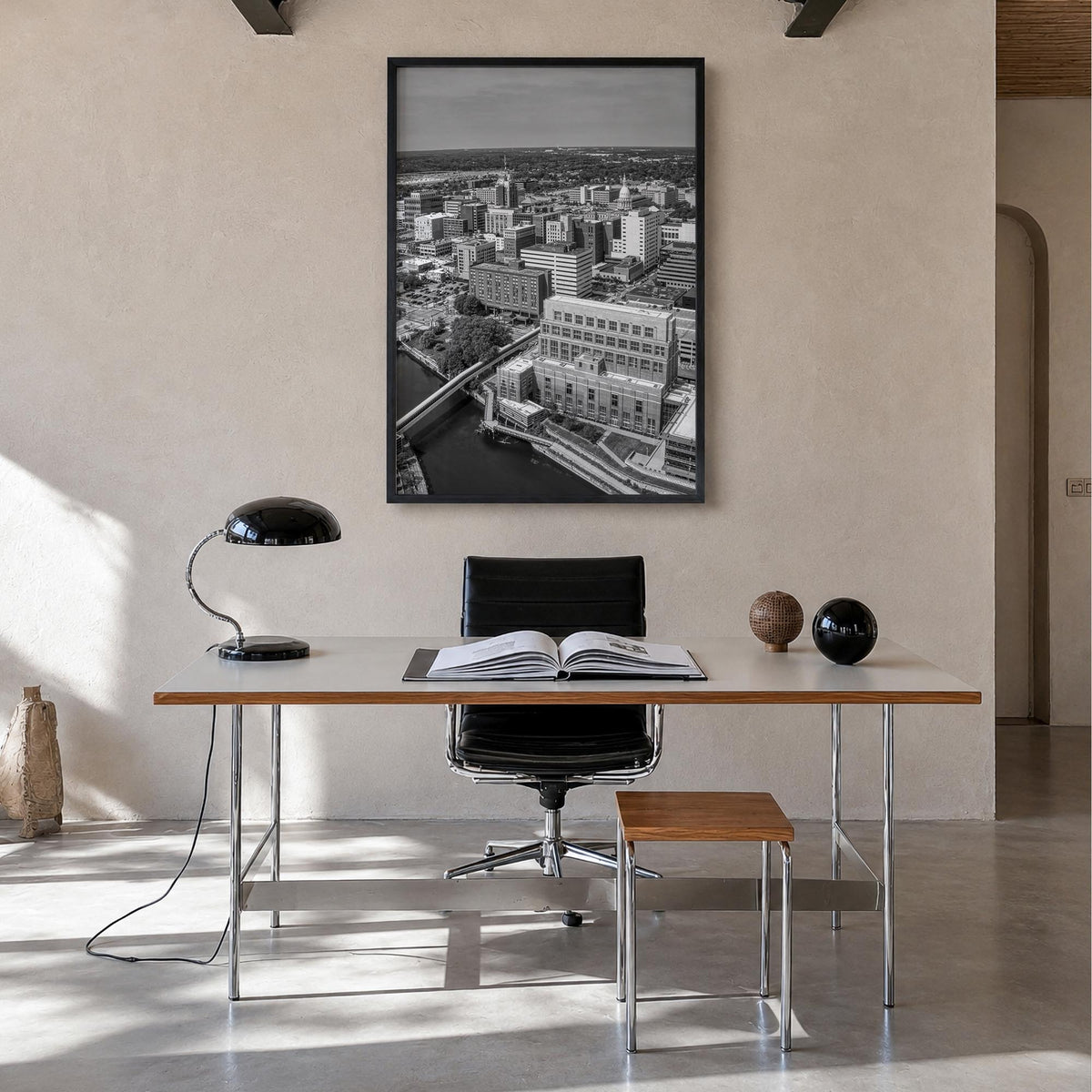 Lansing black & white photo poster of Michigan, USA – vertical wall art in black wood frame, hanging on wall