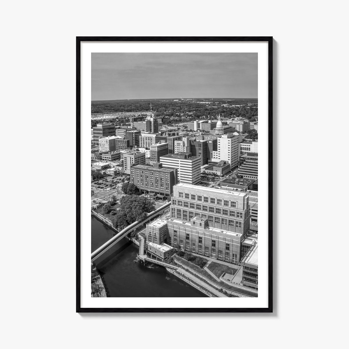 Lansing black & white photo poster of Michigan, USA – vertical wall art, unframed print shown in interior mockup