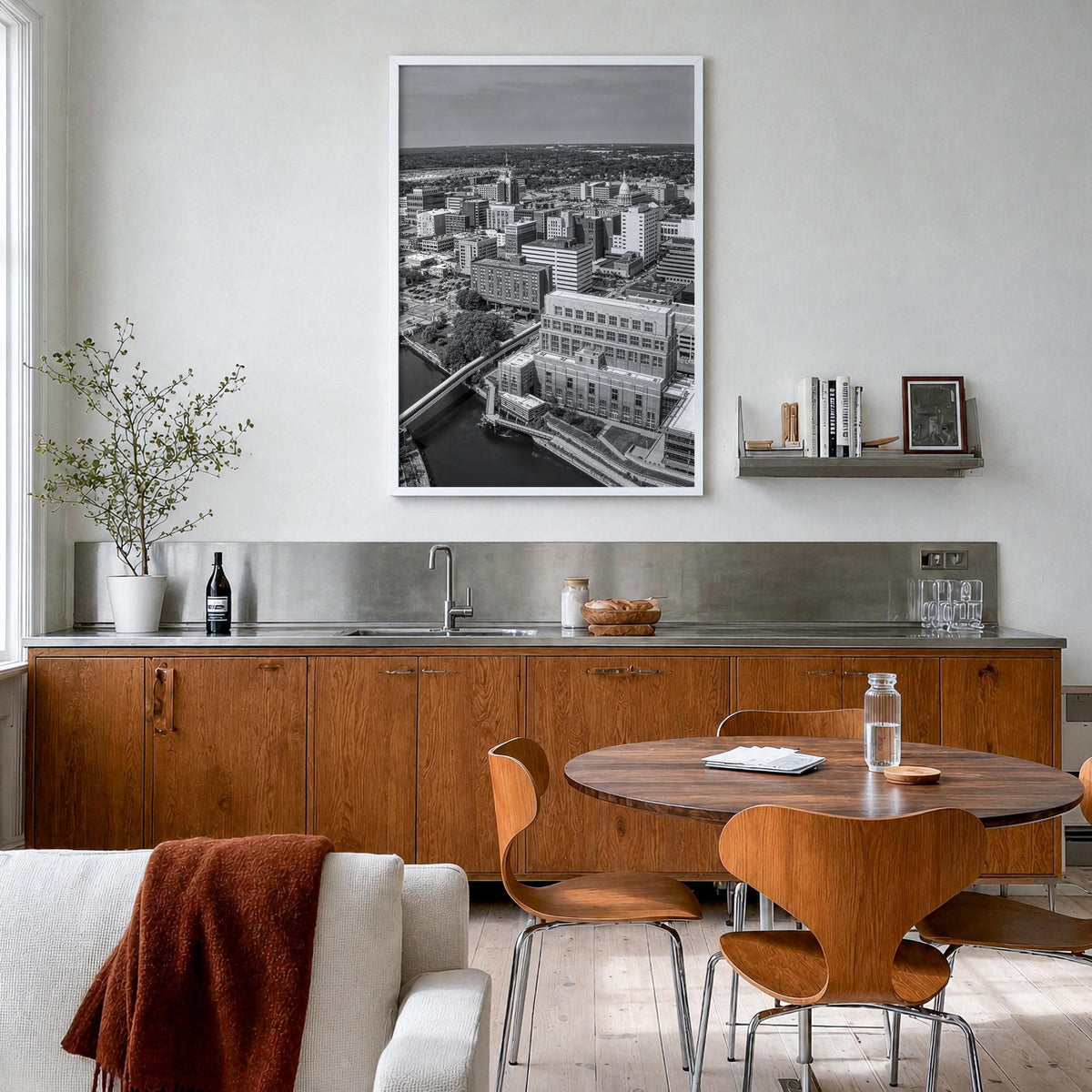 Lansing black & white photo poster of Michigan, USA – vertical wall art in white wood frame, hanging on wall