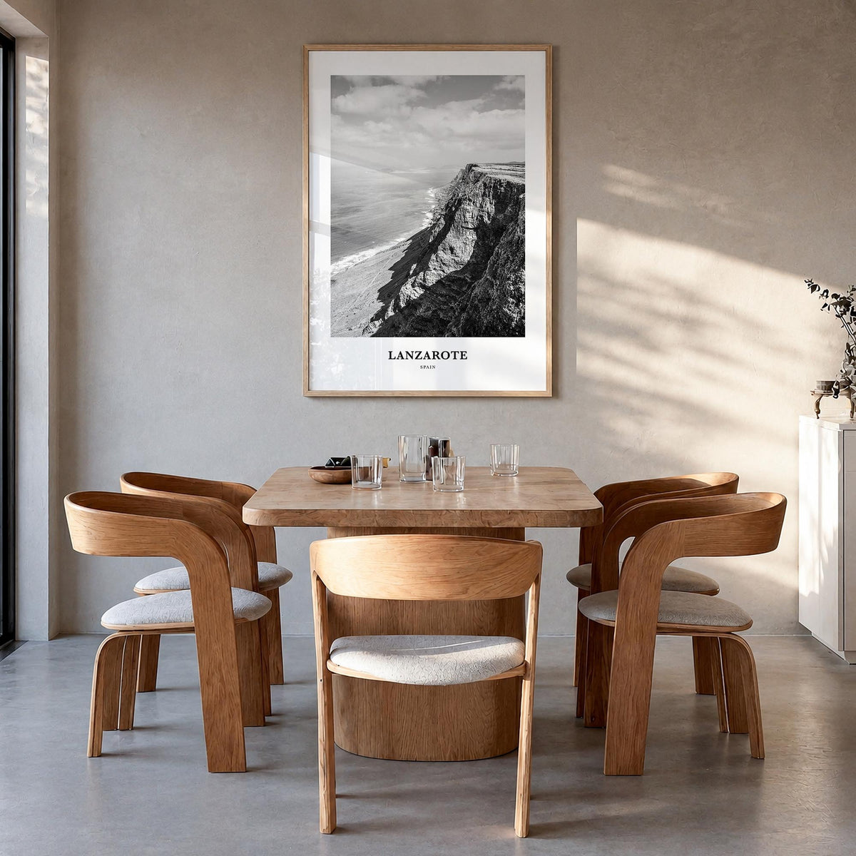 Lanzarote black & white classic poster of Spain – vertical wall art in natural wood frame, hanging on wall