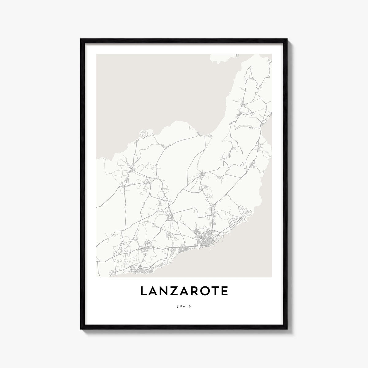 Lanzarote black & white map poster of Spain – vertical wall art, unframed print shown in interior mockup