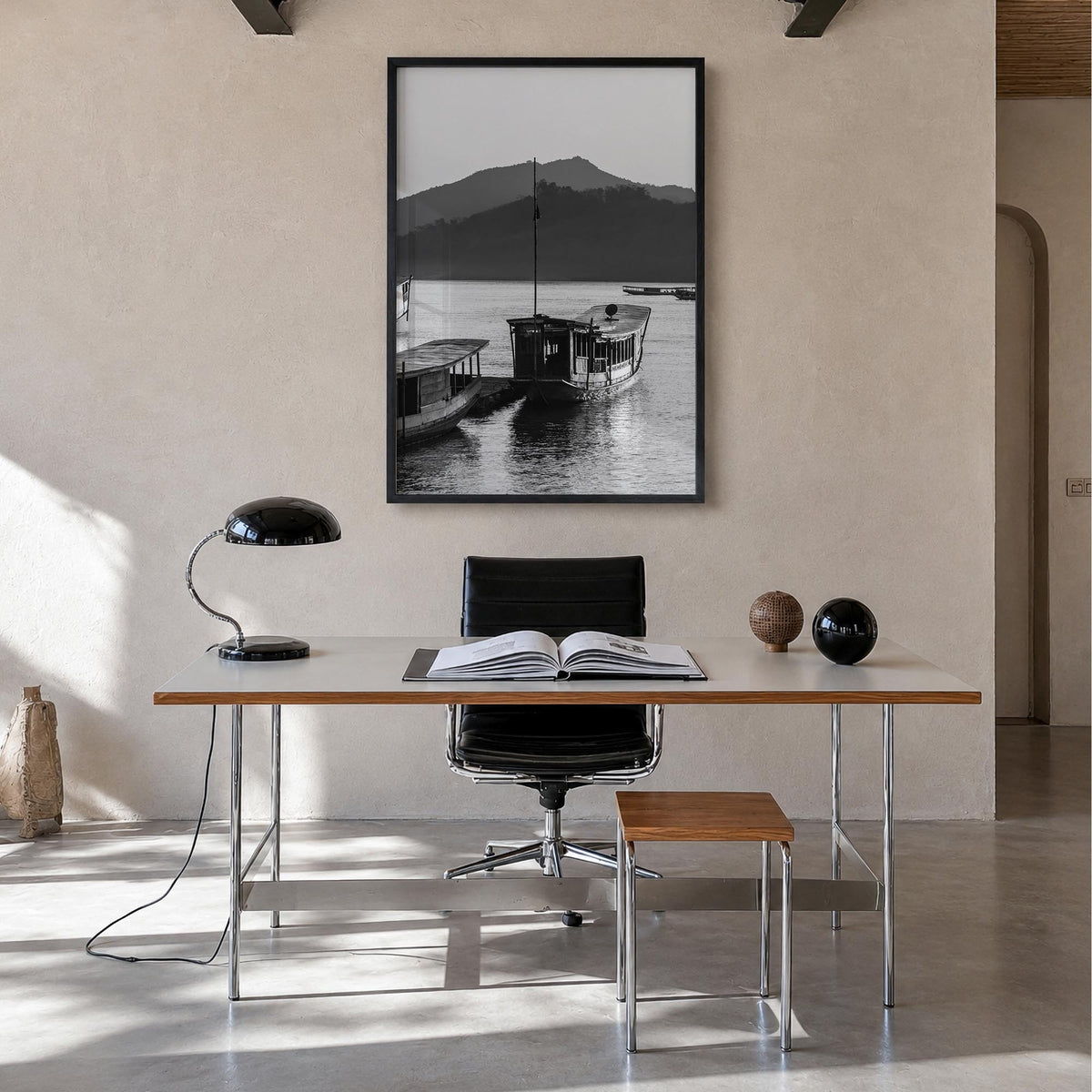 Laos black & white photo poster of Asia – vertical wall art in black wood frame, hanging on wall