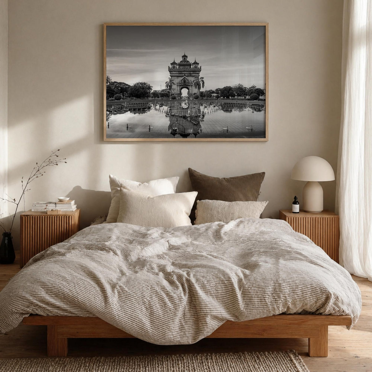 Laos black & white photo poster of Asia – horizontal wall art in natural wood frame, hanging on wall