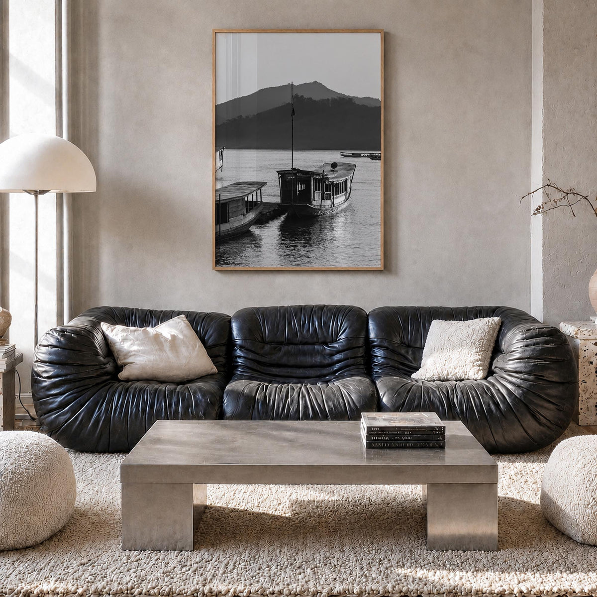 Laos black & white photo poster of Asia – vertical wall art in natural wood frame, hanging on wall